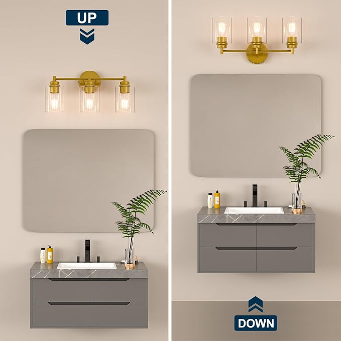 Bathroom Vanity Light Fixtures, 3-Light Brushed Gold Wall Sconce with Clear Glass, Modern Vanity Lights Over Mirror for Bathroom, Kitchen, Living Room, Mirror, E26 Base(Bulbs Not Included)