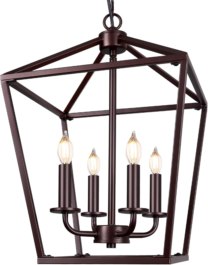 Oil-Rubbed Bronze Rustic Chandelier, Foyer Lighting Fixture for Dining Room | Industrial Kitchen Lantern chandelier Over Table, Pendant Island Ceiling Light for Entryway, Metal Cage Adjustable Height