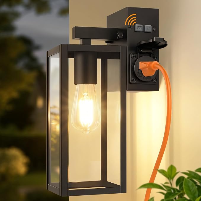 Outdoor Wall Light with GFCI Outlet, Dusk to Dawn Porch Light with Clear Glass and E26 Socket, Waterproof Anti-Rust Aluminum Exterior Lighting, Black Outside Lights for Patio, Front Door, Garage