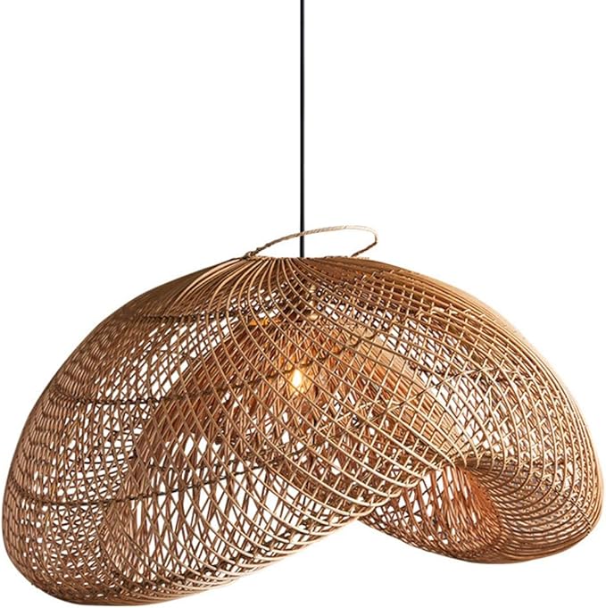 Organic Modern Bamboo Chandelier 19.7" Handmade Woven Wicker Pendant Light, Farmhouse Boho Rattan Light Fixture for Dining Room, Kitchen, Cafe, Bedroom Living Room