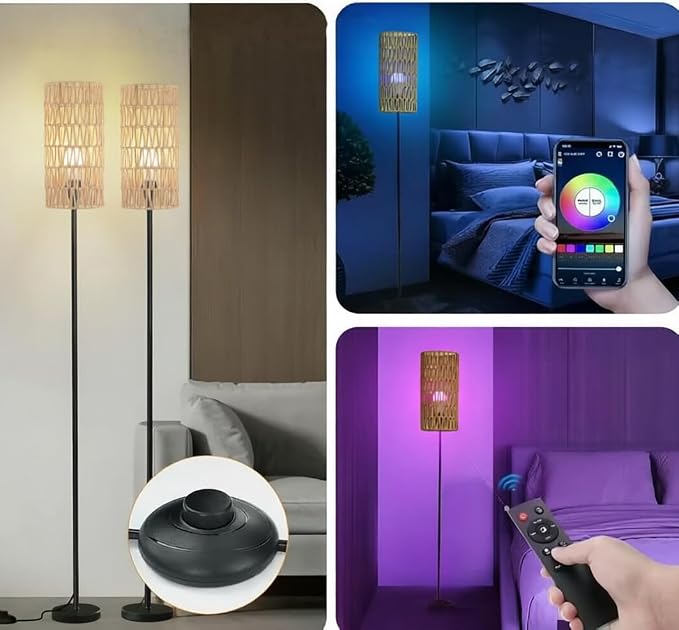 Ruiever 2 Pack Smart Floor Lamp for Living Room,Gaming - Remote, Timer Floor lamp with Remote, APP Control & RGB Standing lamp with Hand-Worked Rattan Shade Bluetooth Bulb Included