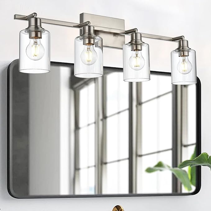 4-Light Brushed Nickel Bathroom Vanity Lighting, Modern Track Lighting Fixtures Ceiling Flush Mount Ceiling Light with Clear Glass Shade Flexibly Rotatable Light Head Kitchen Track Light