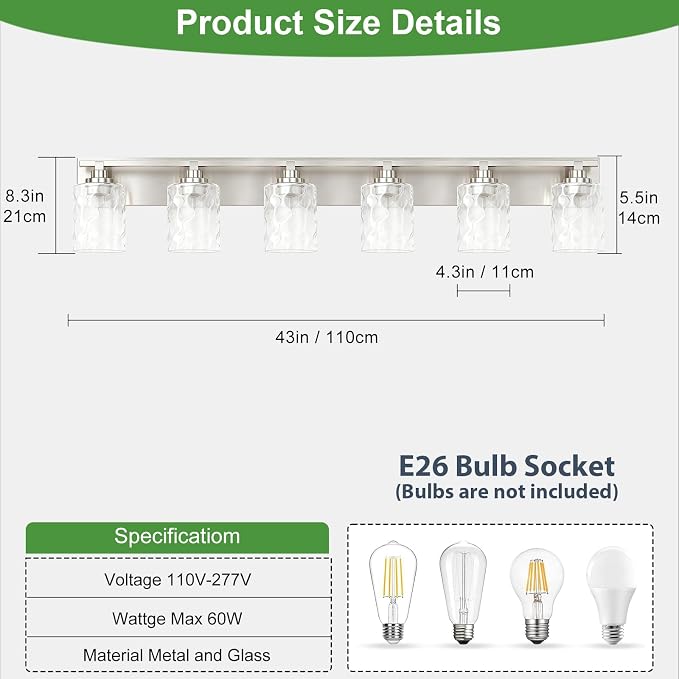 Modern Bathroom Lighting Fixtures Over Mirror, Vanity Lights for Bathroom, Wall Sconces with Clear Glass Shades, E26 Ceramic Socket, 6-Light 43-inch Brushed Nickel