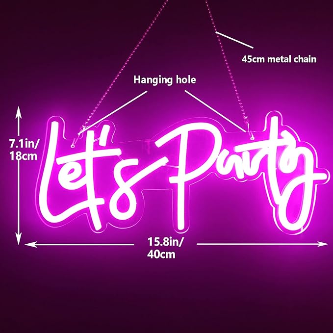Ajoyferris Let's Party Neon Signs Neon Light Sign for Wall Decor 16''x 7'' Word LED Neon Sign Art Decorative Lights for Bachelorette Party, Engagement Party, Birthday Party,Wedding Party Pink