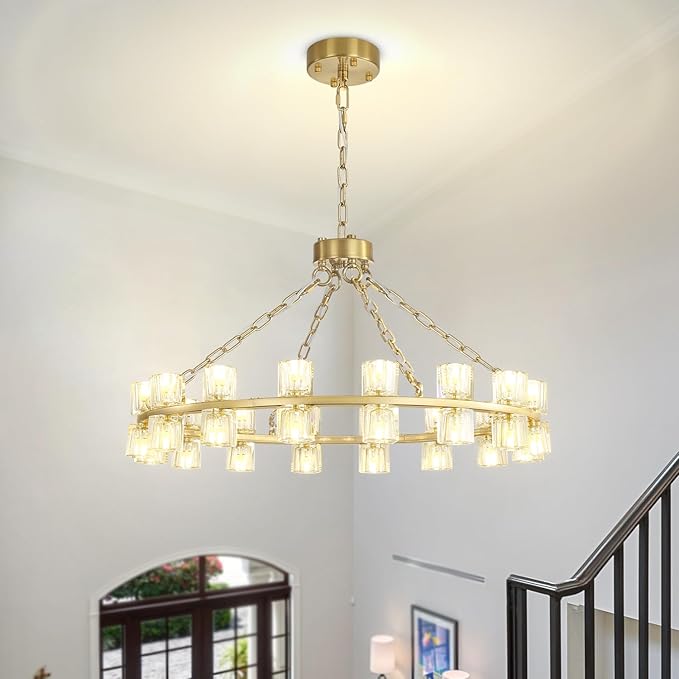 D32 Gold Wagon Wheel Chandeliers 32-Lights Modern Round Chandelier Crystal Chandeliers for Dining Room,Living Room Vintage Chandelier for Foyer Hallway