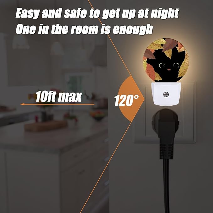 Maple Leaf Black Cat Night Light, Autumn Nightlight Plug into Wall LED Lamp Auto Sensor Dusk to Dawn for Bedrooms/Kitchens/Toilets/Corridors,Energy-Saving