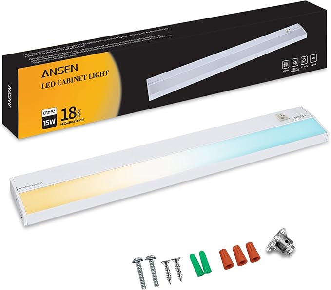 Ansen Hardwired Under Cabinet Lighting, 18IN 15W 998.4LM LED Light for Kitchen/Closet, CRI>92, R9>90, Dimmable, 3 Color Temperature, 3000K/4000K/5000K(Warm White, Cool White, Daylight)