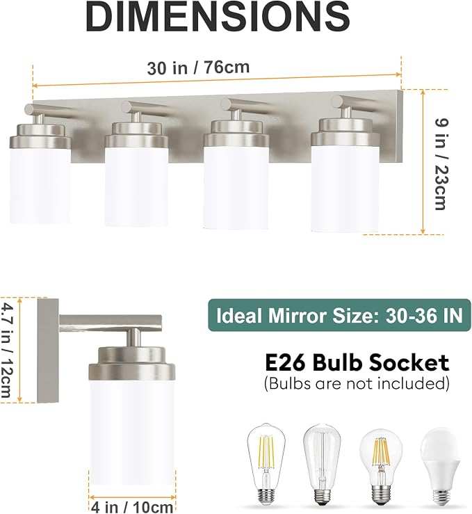 IZORRO Bathroom Vanity Light Fixture, 4-Light 30 Inch Brushed Nickel Bathroom Light Fixtures Over Mirror, with White Glass Shade, Modern Farmhouse Vanity Lights, Rustic Restroom Lighting Fixtures
