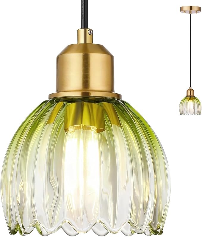 TALOYA Green Glass Pendant Light,Vintage Hanging Light with Tulip Lampshade | Adjustable Farmhouse Mini Pendant Lighting Fixture for Kitchen Island, Dining Room, Bedroom, Hallway & Bar Decor