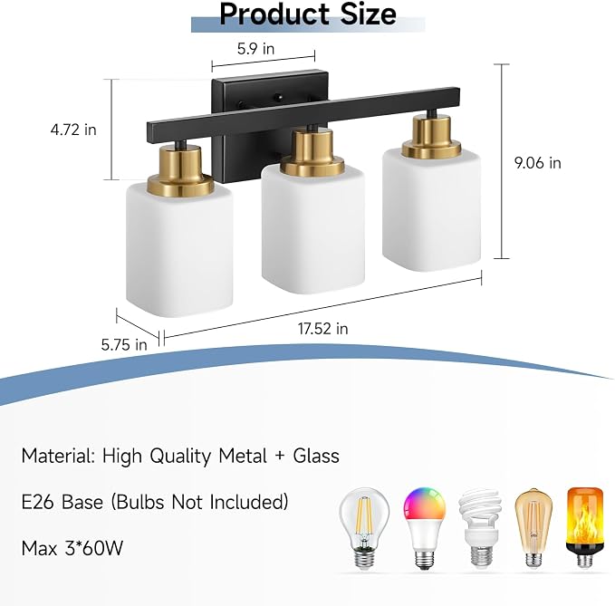 Black and Gold Vanity Light,3-Light Bathroom Light Fixtures,17" | Modern Bathroom Light Fixtures with Square Frosted Glass,Wall Sconces Lighting fixtures Over Mirror Restroom, Living Room