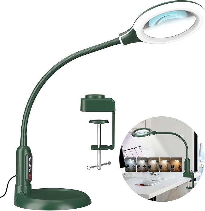 10X Magnifying Glass with Light and Clamp, 5 Color Modes Stepless Dimmable Lighted Magnifier with Stand, Flexible Gooseneck LED Desk Lamp Hands Free for Craft Painting Hobby Close Work - Green