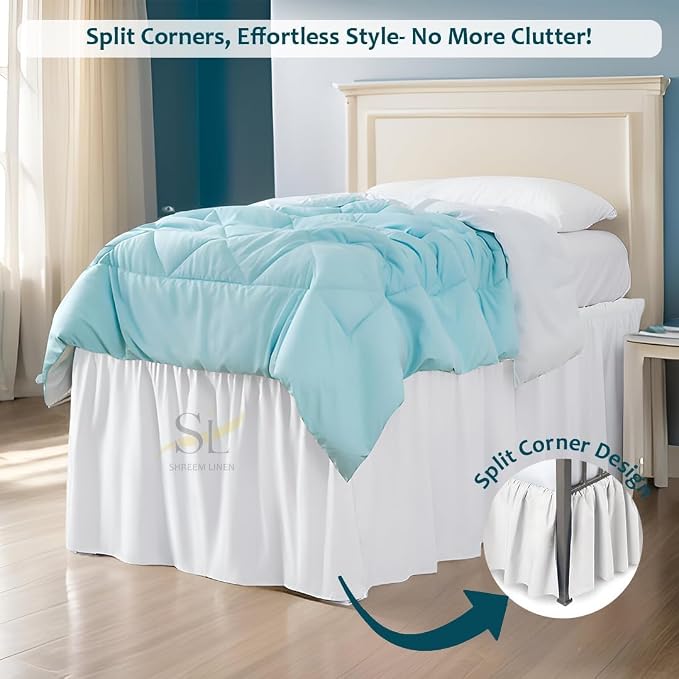 Shreem Linen Dorm Bed Skirt Twin XL 34 Inch Drop, 100% Microfiber Extra Long Bedskirt, White Dorm Essentials for Girl