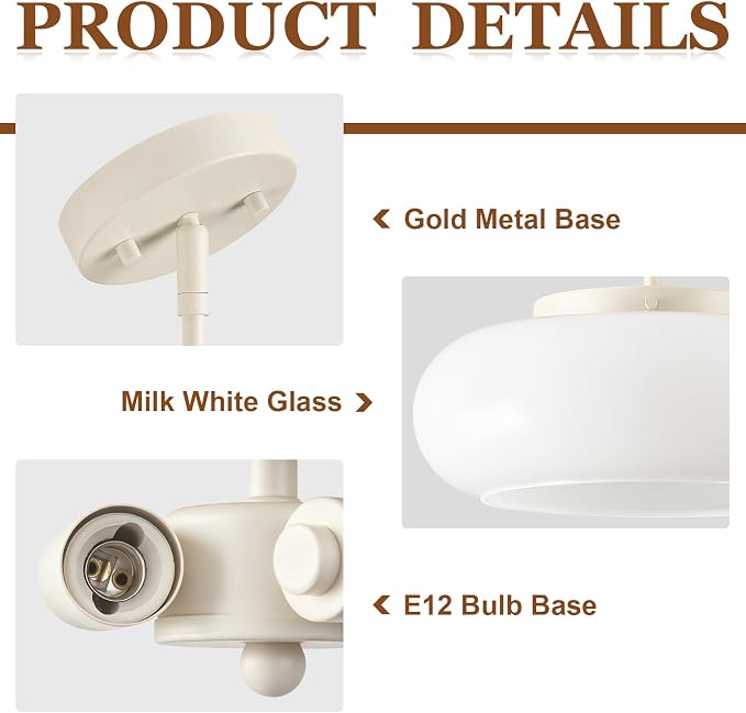 WOKNOS Mid-Century Modern Cream Whit Semi Flush Ceiling Light 12.6 Inch | 3-Light Glass Shade Close to Ceiling Lighting Fixture For Kitchen Entryway Hallway Bathroom Closet Bedroom Laundry Room