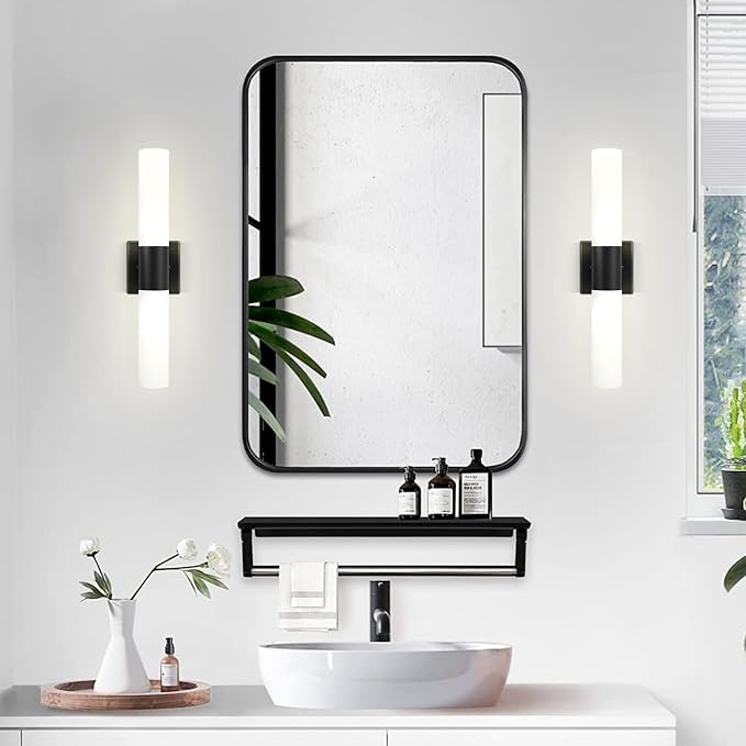 Wall Sconces Set of Two, Modern 21" Vanity, Frosted Glass, Black | Indoor Wall Light Fixture. For Bathroom, Mirror, Bedroom, Living Room, Hallway. Mounting Hardware Included. Easy To Install.