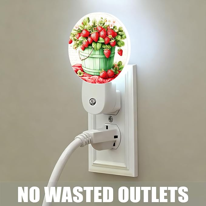 Plug-in Vintage Strawberry Still Life Night Light Basket of Fresh Strawberries Night Lights Plug into Wall with Auto on/Off Sensor, 0.5W LED Nightlight for Bedroom Bathroom
