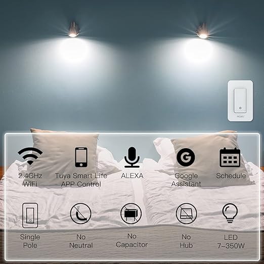 MOES WiFi Smart Light Switch No Neutral Wire, No Capacitor, No hub Required, 2nd Generation Single Live Wire Push Button, Tuya Smart Life App Remote Control Work with Alexa and Google Home, Minimum 7W