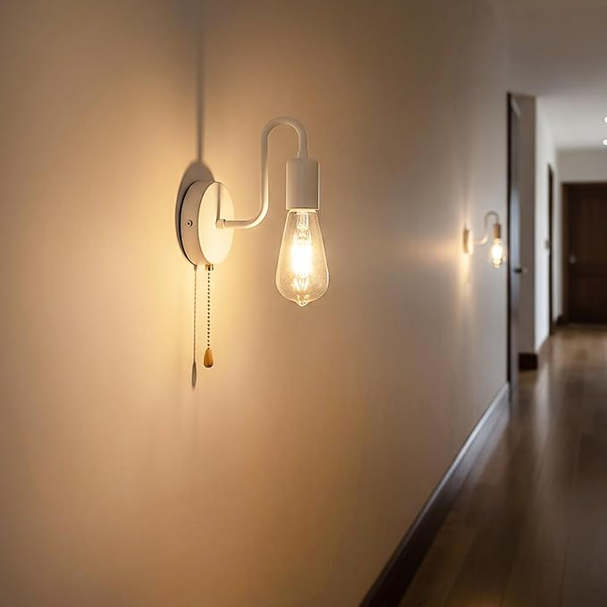 Hardwired Pull Chain Wall Sconce White, 1-Light Wall Light Fixture with On Off Switch, Small Vintage Metal Wall Lamp Indoor for Bedroom Kitchen, Bulb Not Included