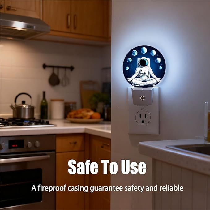 Plug-in Astronaut Night Light Planets Moons Cosmic Meditation Night Lights Plug into Wall with Auto on/Off Sensor, 0.5W LED Nightlight for Bedroom Bathroom Kitchen Hallway