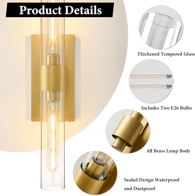 Champagne Brass Bathroom Wall Sconce: Modern Gold Indoor Dimmable Lighting | Clear Glass Tube Light Fixtures, Vertical or Horizontal Mounted Vanity Sconces for Living Room Bedroom Hallway