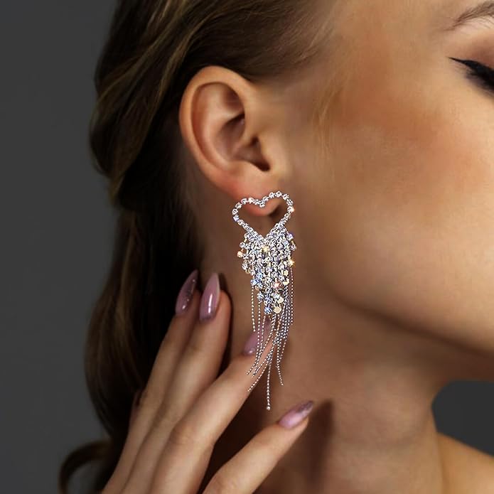 Luxval Rhinestone Earrings Dangling for Women Sparkly Silver Dangle Earrings Girls Long Chandelier Earrings Tassel Lightweight Ear Studs Cubic Zirconia Crystal Statement