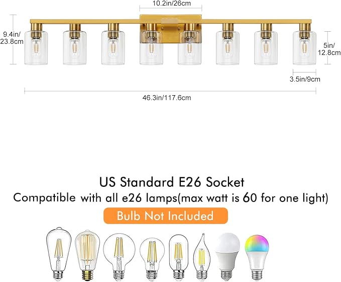 8 Light Gold Bathroom Light Fixtures, Modern Large Vanity Lights with Clear Glass Shade, Brushed Brass Bathroom Lighting Fixtures Over Mirror, Wall Scones Light for Bedroom, Living Room