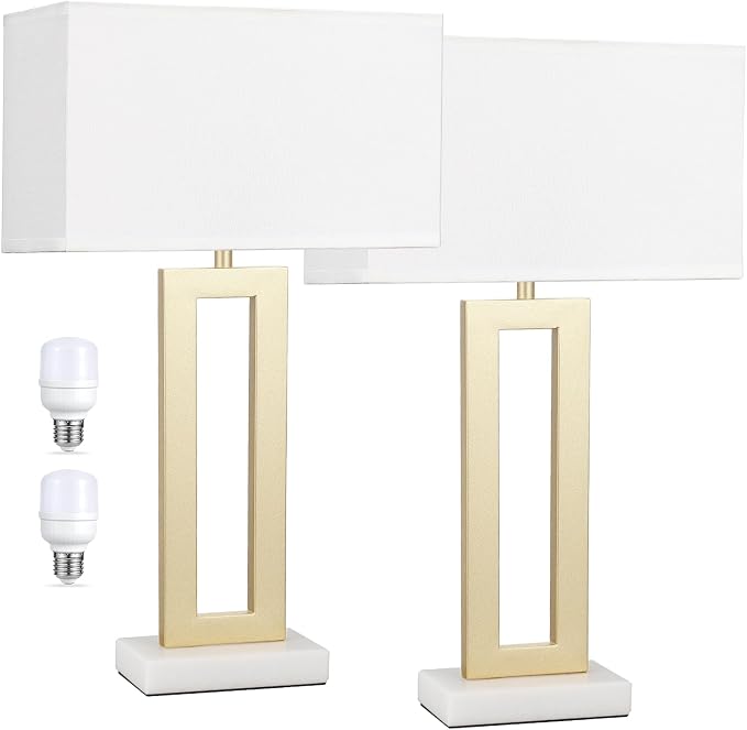 Seealle 22" Tall Bedroom Lamps for Living Room - Gold Bedside Lamps with Marble Base, Lamp for Nightstand with Knob Switch, Modern Night Stands Lamps for End Tables(White&Gold&Marble)