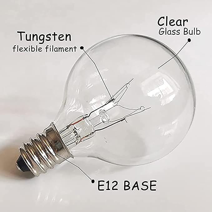 G40 Replacement Light Bulbs, 120V 5W Clear Globe Bulb, E12 C7 Candelabra Base, 1.5 Inch Glass Incandescent Bulbs for Indoor Outdoor Patio String Lights, Warm White -25 Pack