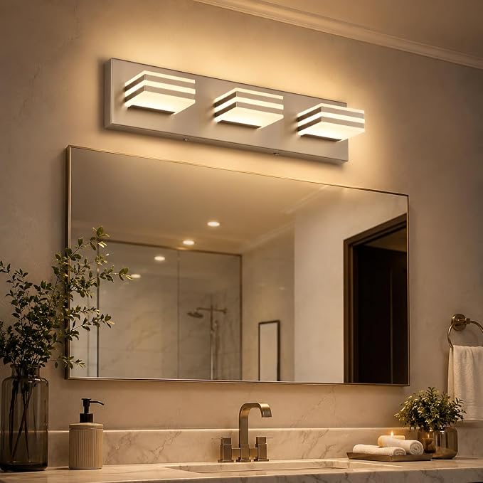 3-Light Brushed Nickel Vanity Light for Bathroom, 20 Inch 24W 5CCT Dimmable LED Fixture with Clear Acrylic Shade, Hardwired Modern Wall Light Over Mirror for Guest Bath