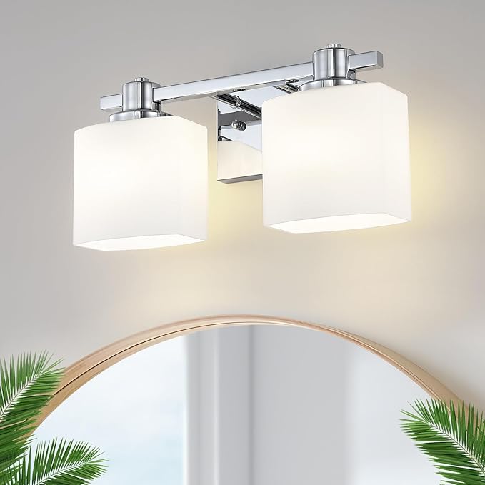 15 Inch Chrome Bathroom Light Fixtures Over Mirror 2 Light Bathroom Vanity Light Silver Modern Industrial Makeup Lighting Wall Sconce Farmhouse Rustic Milk Glass Lamp Desk Sink