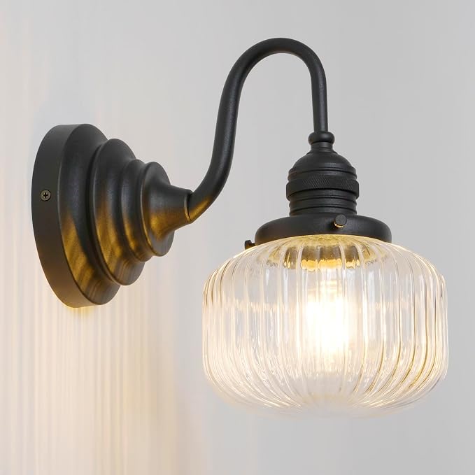 Black Wall Sconce Farmhouse Bathroom Vanity Light,Clear Glass | Bathroom Light Fixtures,Hardwired Indoor,Hand-Blown Thick Glass,for Bathroom Mirror Kitchen,E26 Socket