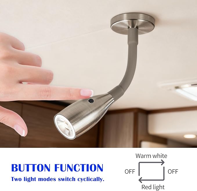 2-Pack 12V/24V RV Flexible Gooseneck Reading Light Warm White & Red Night Mode Wall Mounted Bedside Under-Cabinet On Motorhome, Camper Van, Truck, Brushed Nickel