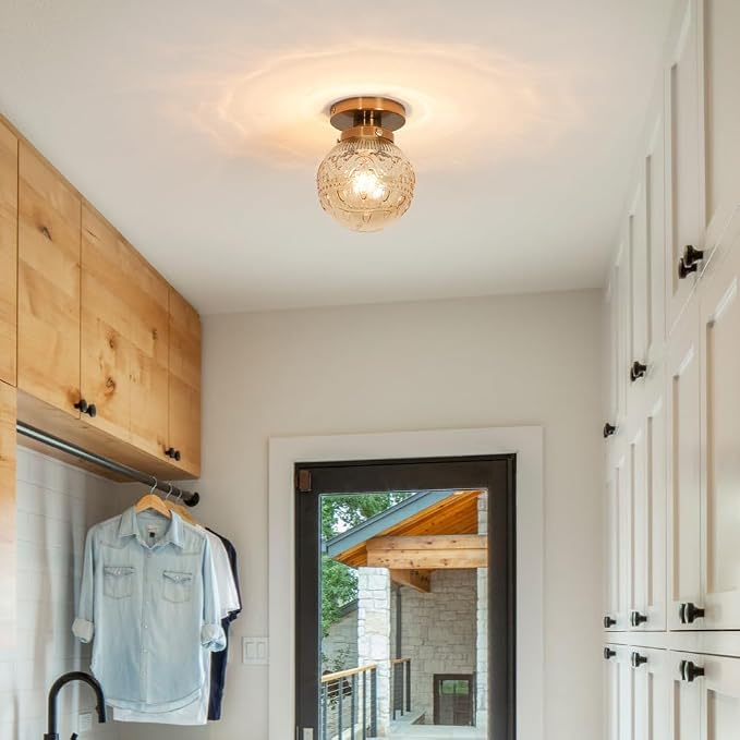 Daunton Semi Flush Mount Ceiling Light, Gold Vintage Kitchen Ceiling Lighting Fixture, Amber Globe Glass Close to Ceiling Light, Modern Hallway Lighting for Bathroom Bedroom Corridor Entryway