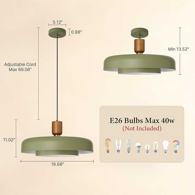 Mid Century Green Pendant Light: 20" 2-Tiered Lighting Over Kitchen Island | Wood Brushed Brass Hanging Ceiling Light, Modern Nordic Metal Pendant Light, For Dining Room Sink Bedroom Hallway Entryway