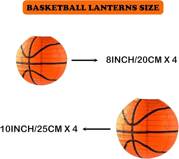 ZOOYOO Basketball Paper Lanterns, 8 Pack Sports Themed Hanging Lanterns for Basketball Birthday Party, March Madness Decorations, Classroom and Nursery Decor, 8 and 10 Inch Round Orange Lanterns