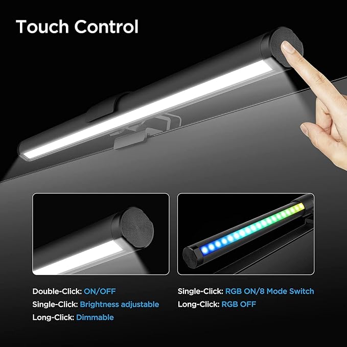 RGB Monitor Light Bar Dual USB Reading Screen Lamp Touch Switch | Dual-Sided 15 Modes Gaming Ambient Light Bar Eye-Care Non-Remote RGB Mood Lighting Lamp for Home Office Study 15" x 0.8"