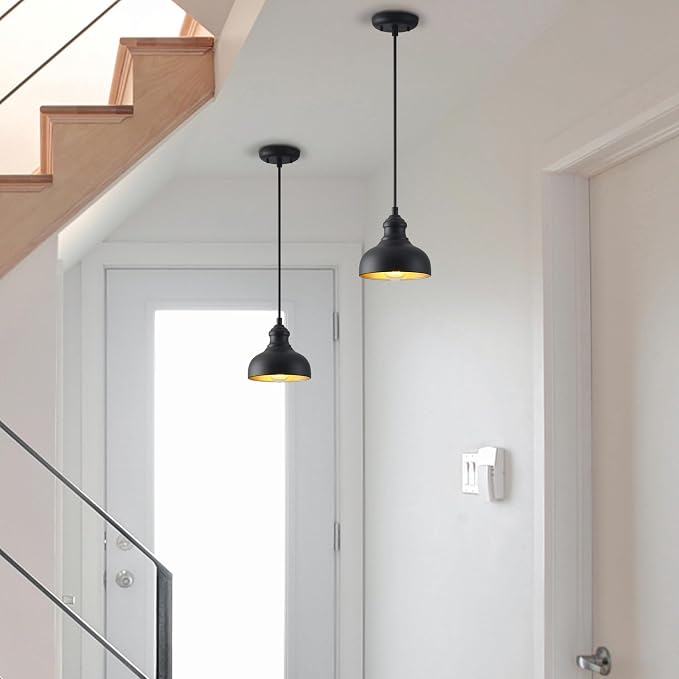 7in Dome Outdoor Pendant Barn Light Black and Brass Kitchen Island Hanging Light Fixture Exterior Small Porch Pendant Lamp Farmhouse Bedroom Hanging Lamp for Bathroom Shop Cafe, Adjustable