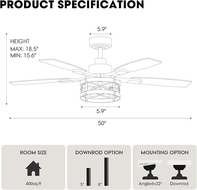50 Inch Ceiling Fans with Lights and Remote & APP Control, Farmhouse Ceiling Fan with LED Lighting for Bedroom Living Room and Patio, Black Caged Ceiling Fan for Indoor and Outdoor(NO BULBS）