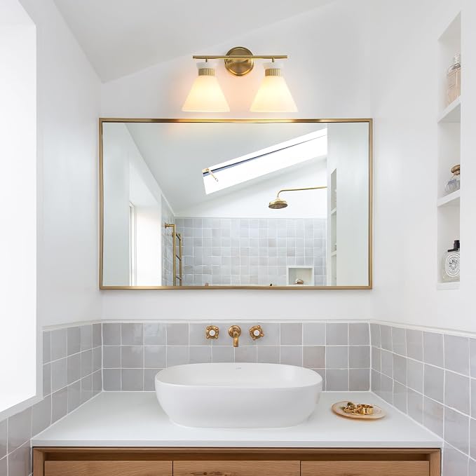 WOSHITU Gold Bathroom Light Fixtures: Modern Vanity Lighting Fixtures 2 Lights for Bathroom Mid Century Vanity Light Sconces Over Mirror with Frosted Milky Glass for Bath Bedroom Makeup