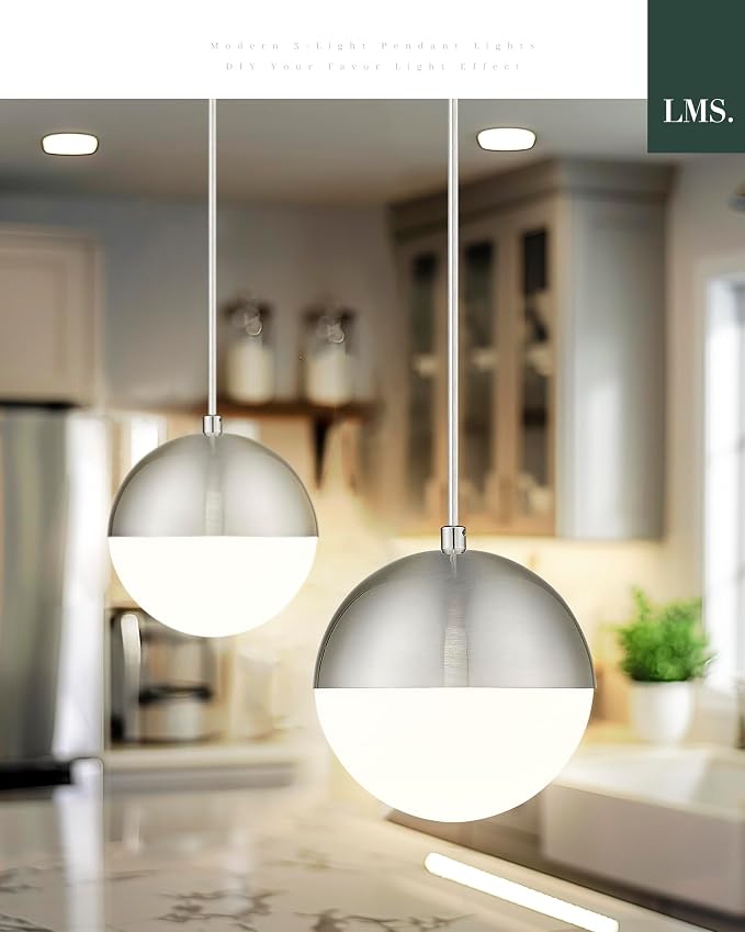 6-inch Brushed Nickel Pendant Light, Mid Century Kitchen Island Pendant Light Fixtures with White Globe Glass, Adjustable Hanging Light for Dining Room Bedroom Bathroom, LMS-186BNS