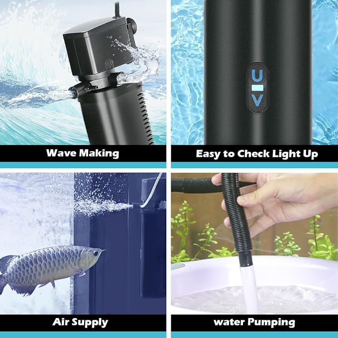 COOSPIDER Aquarium Filter with 5W U-V Light 200GPH for 30-100 Gallon Tank | Submersible Fish Tank Filter with 16W Powerful Pump for Green Clean, Turtle Tank, Oxygen Supply, Deodorization, Water Cycle