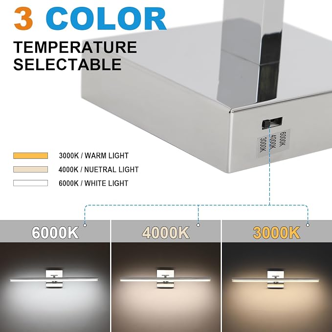 LED Bathroom Vanity Light, Modern Bathroom Light Fixture Over Mirror (3000K/4000K/6000K, Dimmable), Vanity Light Bar with Angle Adjustable, 24 Inch, Chrome
