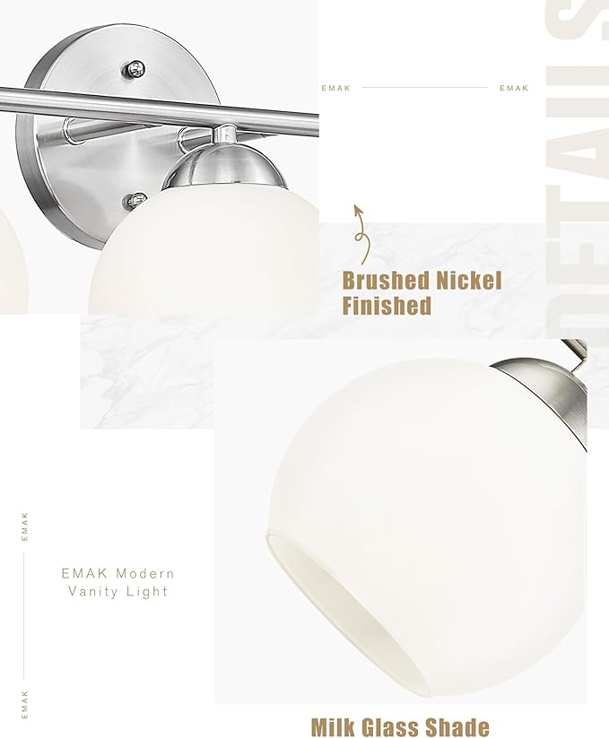 Emak Brushed Nickel Vanity Light, 37 Inch Globe Bathroom Light Fixtures with Milk Glass Shade, Modern 5-Light Vanity Lights for Bathroom, Mirror, VL114-BN-ML-5