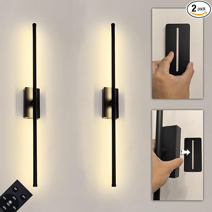 Peel and Stick on Battery Operated Wall Sconces Set of 2 | Easy Install No Drilling Sconces, Wireless Rechargeable Adhesive Wall Lights for Pictures, Living Room, Bedroom (28.3'')