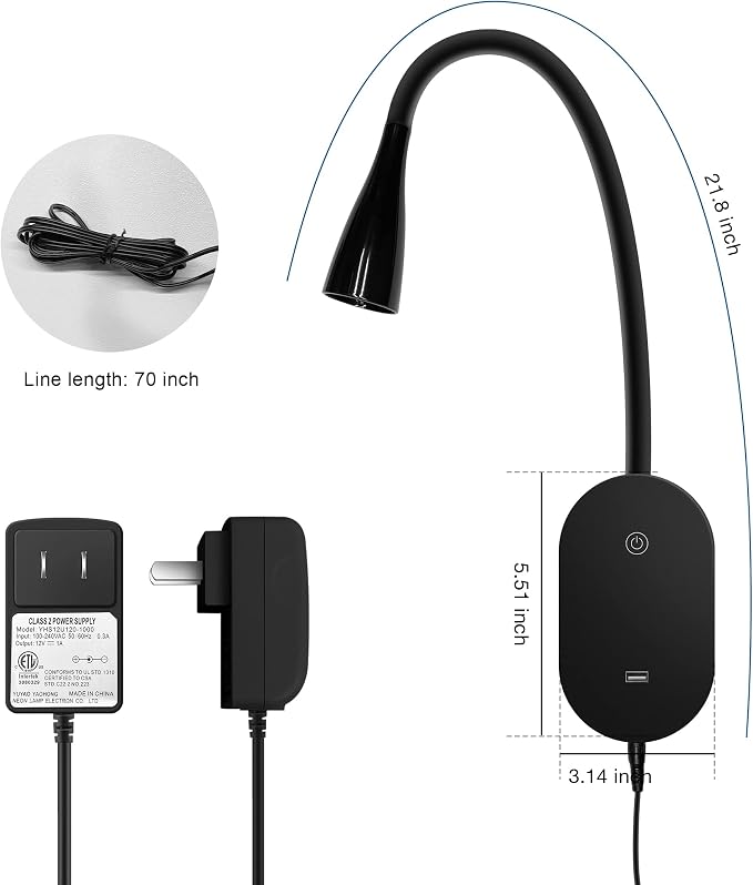 Wall Reading Light, Book Light for Reading in Bed, Touch Control USB Output Modern Reading Lamp,5 Dimmable LED Flexible Gooseneck 4000k Bed Lights, Easy to Install Black | Focused bedside light with touch dimming, flexible gooseneck, USB charging and a...