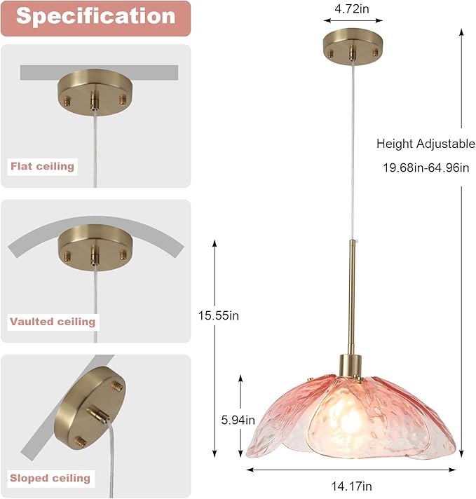 Pink Hammered Glass Pendant Light - 14" Large Vintage Pendant Light, Modern Industrial Farmhouse Hanging Lamp Ceiling Lighting Fixture for Island Dining Room Foyer Hallway Bar Cafe Kitchen Sink