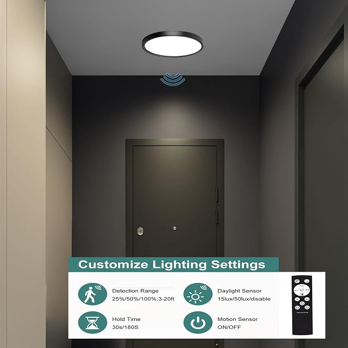 7in Motion Sensor Ceiling Light Indoor, 15W 1500LM, Black | Hardwired Flush Mount, Remote Dimmable, 3000K/4000K/6000K, Closet Hallway Porch Laundry Stairway Basement