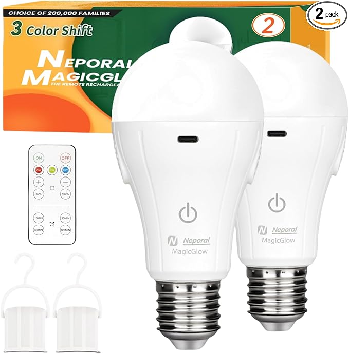 Neporal MagicGlow Rechargeable Light Bulbs with Remote, 3 Colors Shift + Dimmable Battery Powered Light Bulbs, USB Rechargeable, A19 Standard Emergency LED Light Bulbs, 15W, Up to 24 Hours, 2 Pack