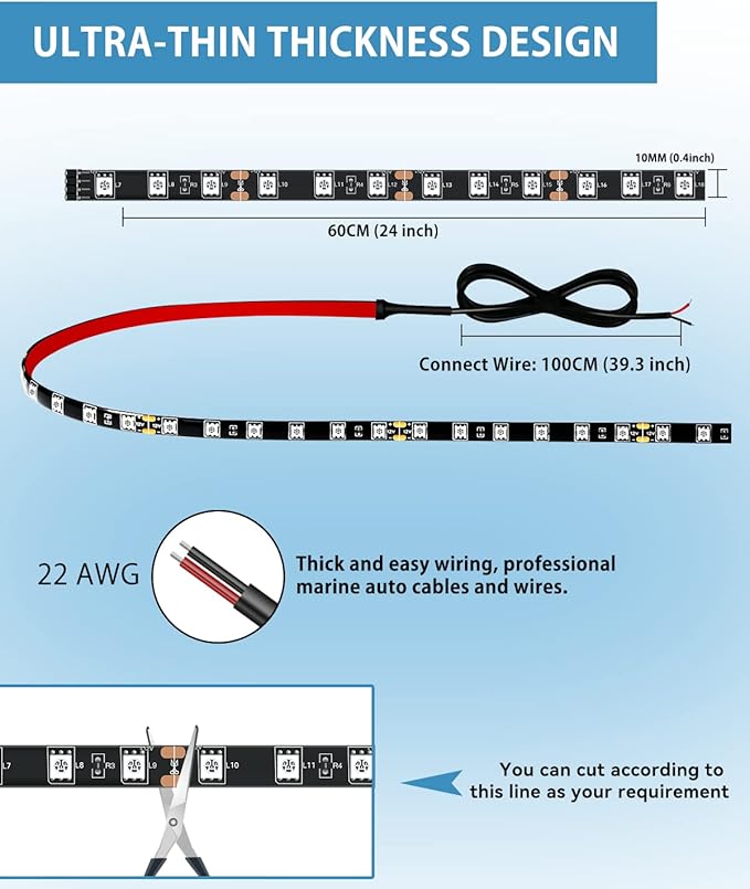 Keiurot Car Led Strip Lights 24" Connectable Blue Led Light Strip for Cars Boat Marine Golf Cart Trucks Waterproof 12V Led Light Strip, 4Pack