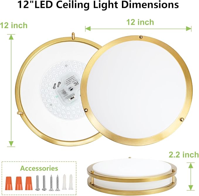 Flush Mount Ceiling Light - 2 Pack 36W 3000K/3500K/4000K/5000K/6000K Dimmable Led Ceiling Light Fixture for Kitchen Hallway Bedroom Bathroom (2, Brushed Gold, 12 Inch)