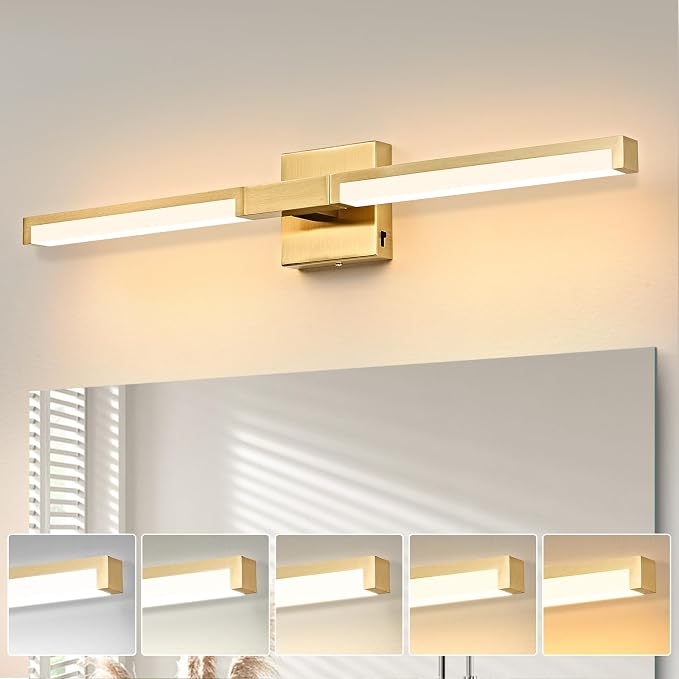 24 Inch Bathroom Vanity Light Fixtures, Gold Modern Light Fixtures Over Mirror, 12W 5CCT Dimmable Wall Light